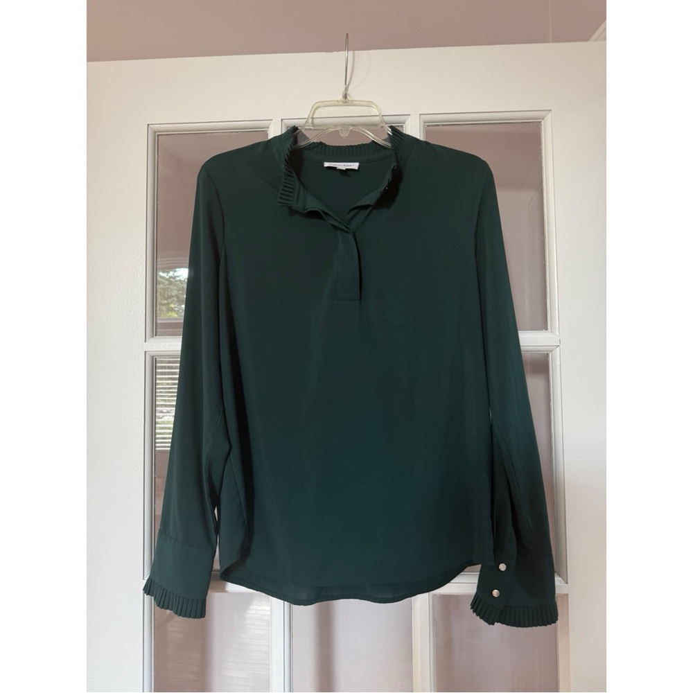 Calvin Klein Green Ruffled Split V-Neck Blouse